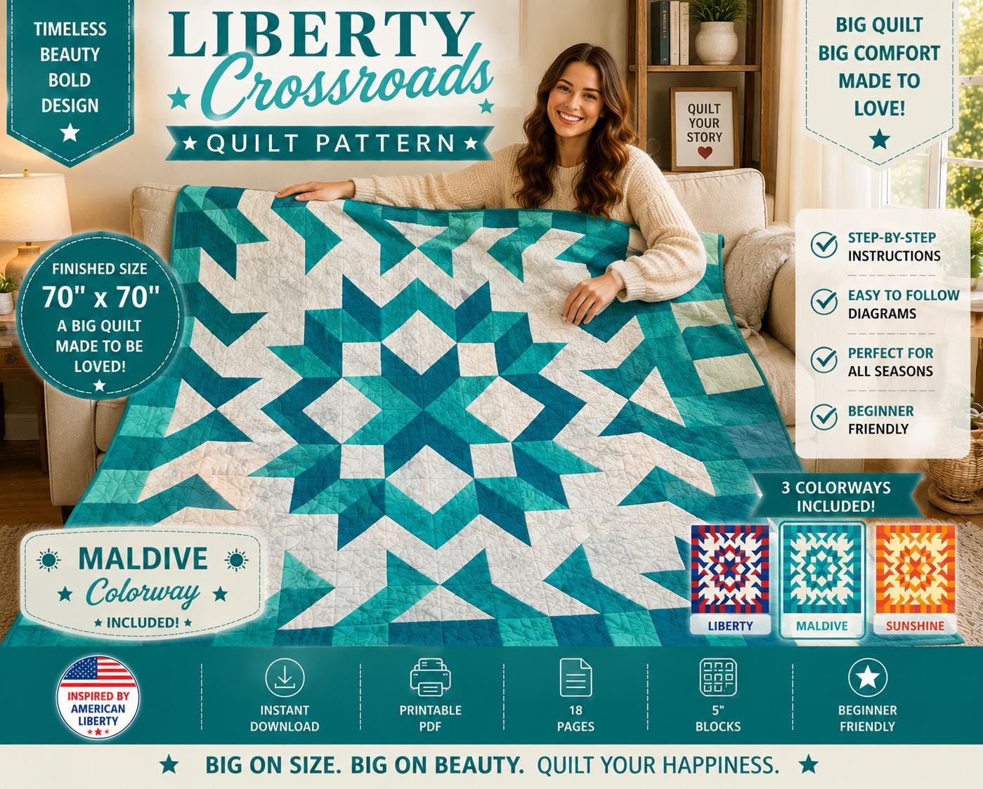 Liberty Crossroads Quilt Pattern | Patriotic Starburst HST Throw (70"x70") | 3 colorways (PDF Download) - Image 19