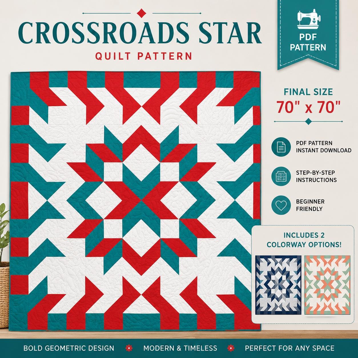 Crossroads Star Quilt Pattern, Modern Geometric Throw, 70" x 70" Patchwork, Beginner Friendly PDF - Image 2