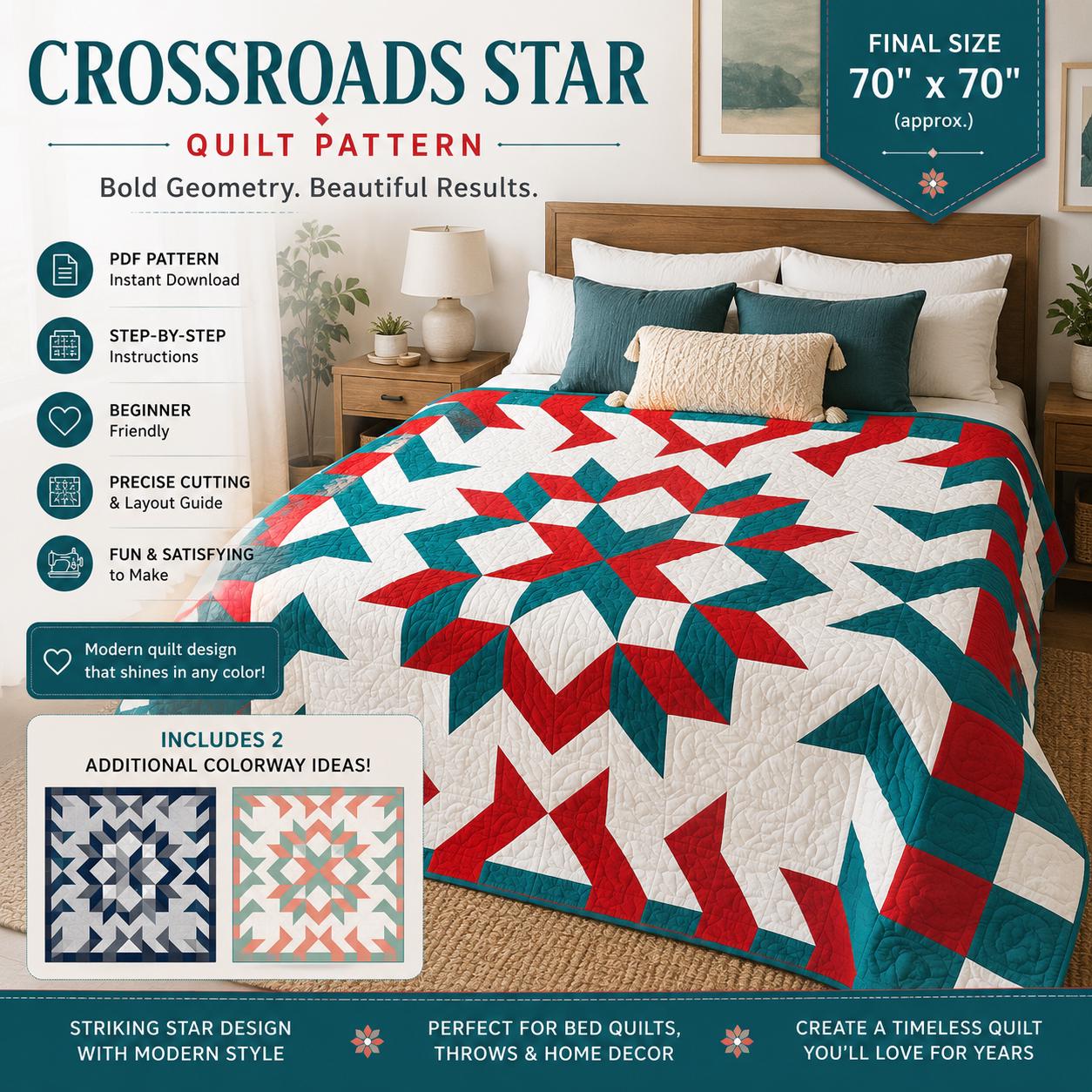 Crossroads Star Quilt Pattern, Modern Geometric Throw, 70" x 70" Patchwork, Beginner Friendly PDF - Image 3