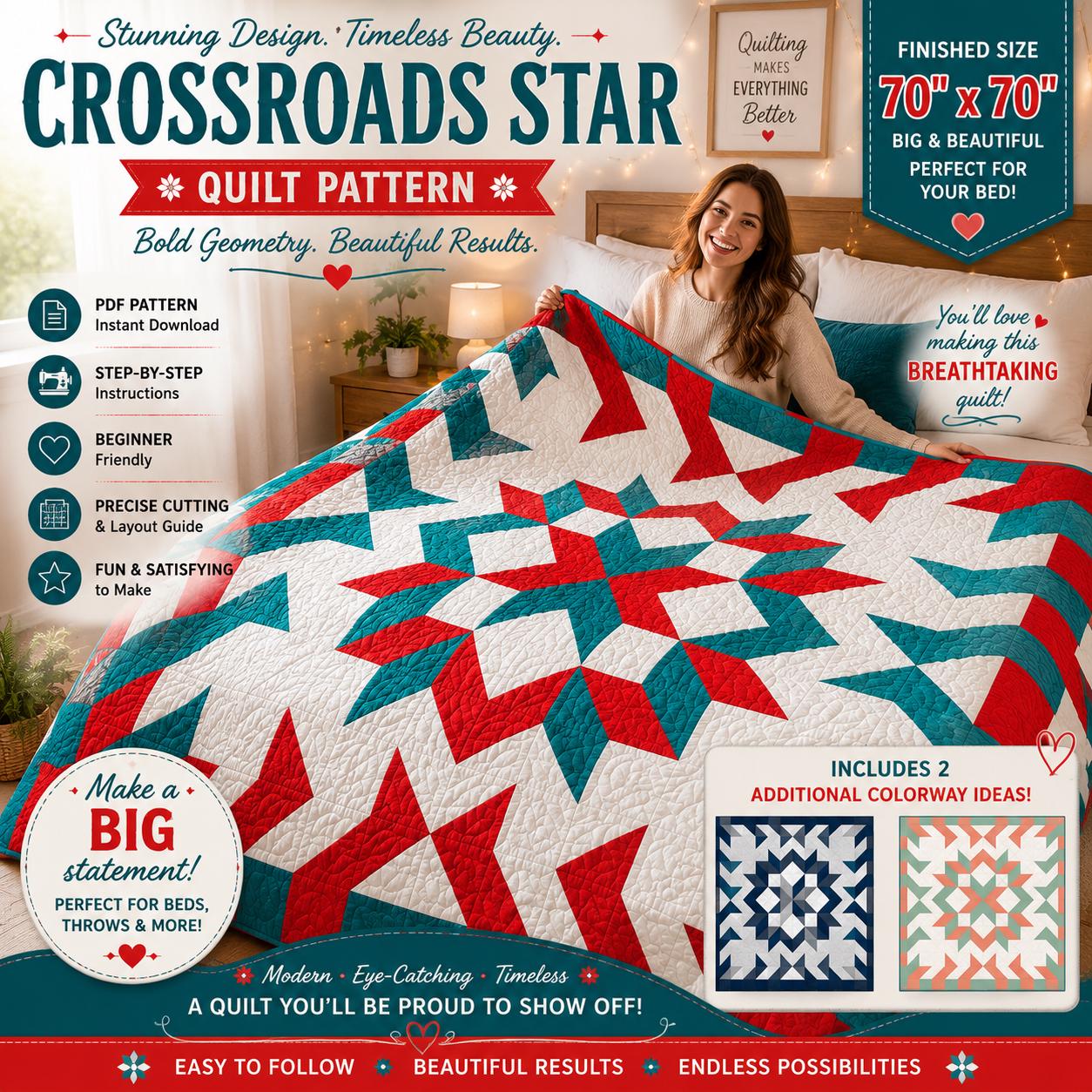 Crossroads Star Quilt Pattern, Modern Geometric Throw, 70" x 70" Patchwork, Beginner Friendly PDF