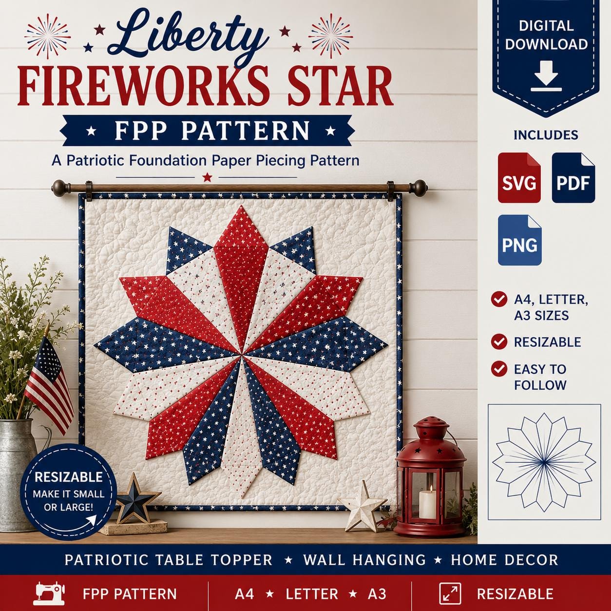 Liberty Fireworks Star FPP Pattern SVG, Patriotic Foundation Paper Piecing Pattern, 4th of July Table Topper, Resizable Star Quilt Block - Image 8