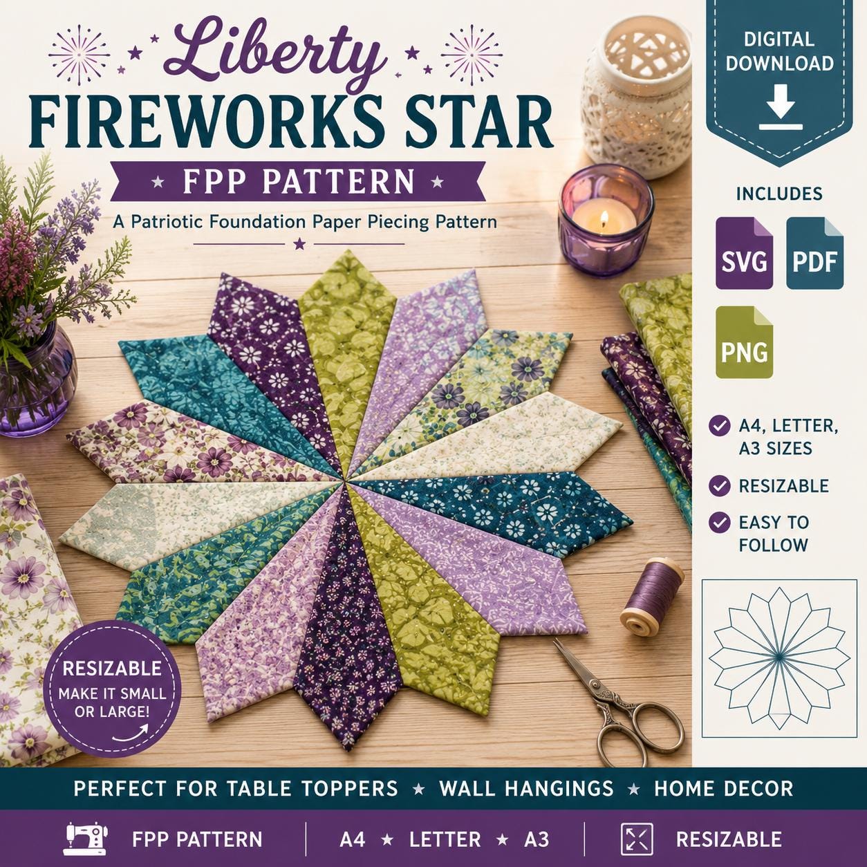 Liberty Fireworks Star FPP Pattern SVG, Patriotic Foundation Paper Piecing Pattern, 4th of July Table Topper, Resizable Star Quilt Block - Image 9
