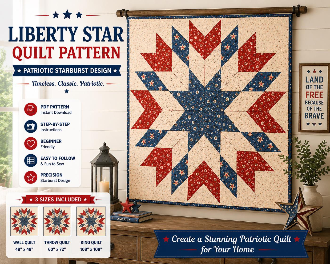 Floral Liberty Star Quilt Pattern – Patriotic Starburst Design - 3 sizes - 4 Colorways (PDF Pattern)