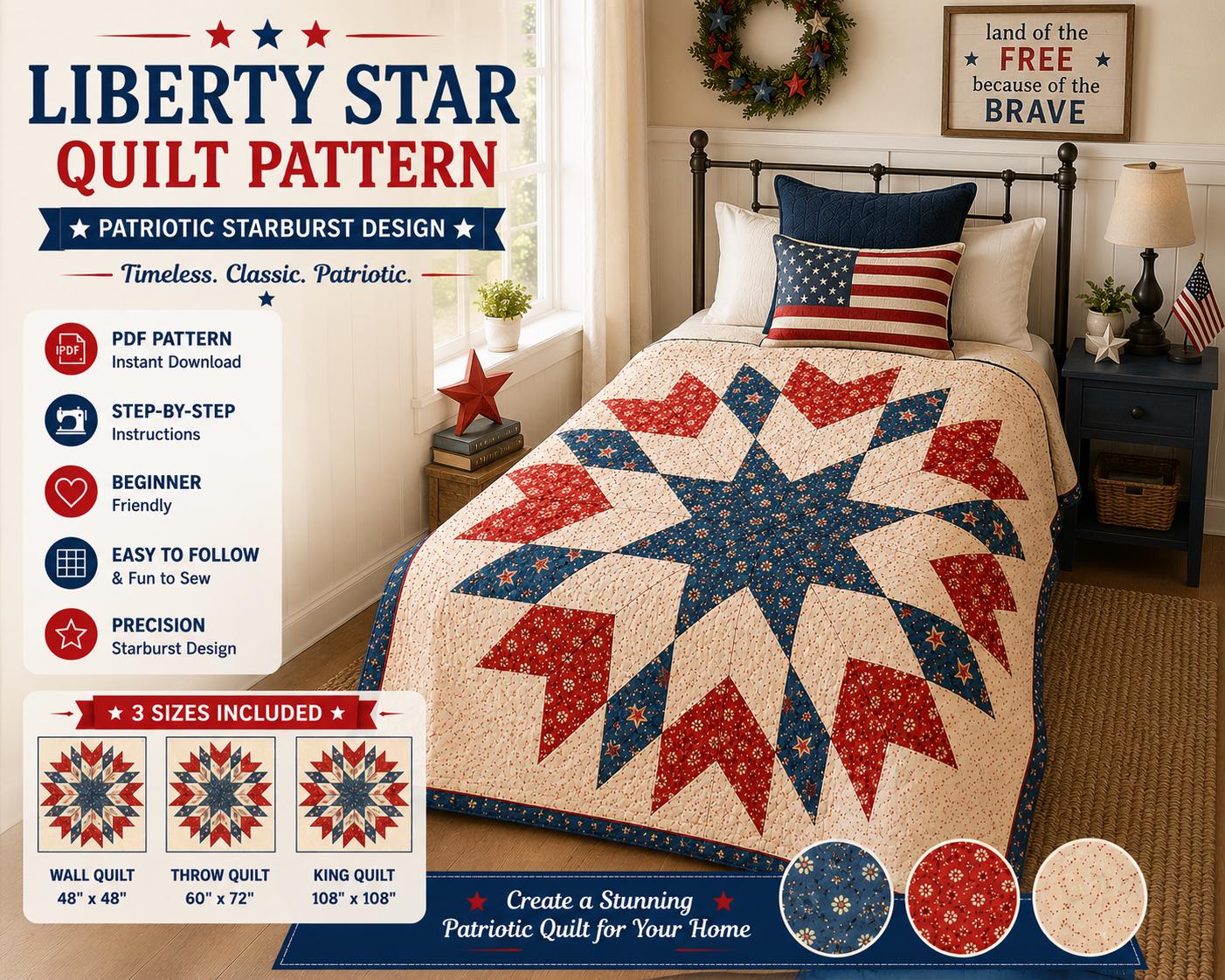 Floral Liberty Star Quilt Pattern – Patriotic Starburst Design - 3 sizes - 4 Colorways (PDF Pattern) - Image 2