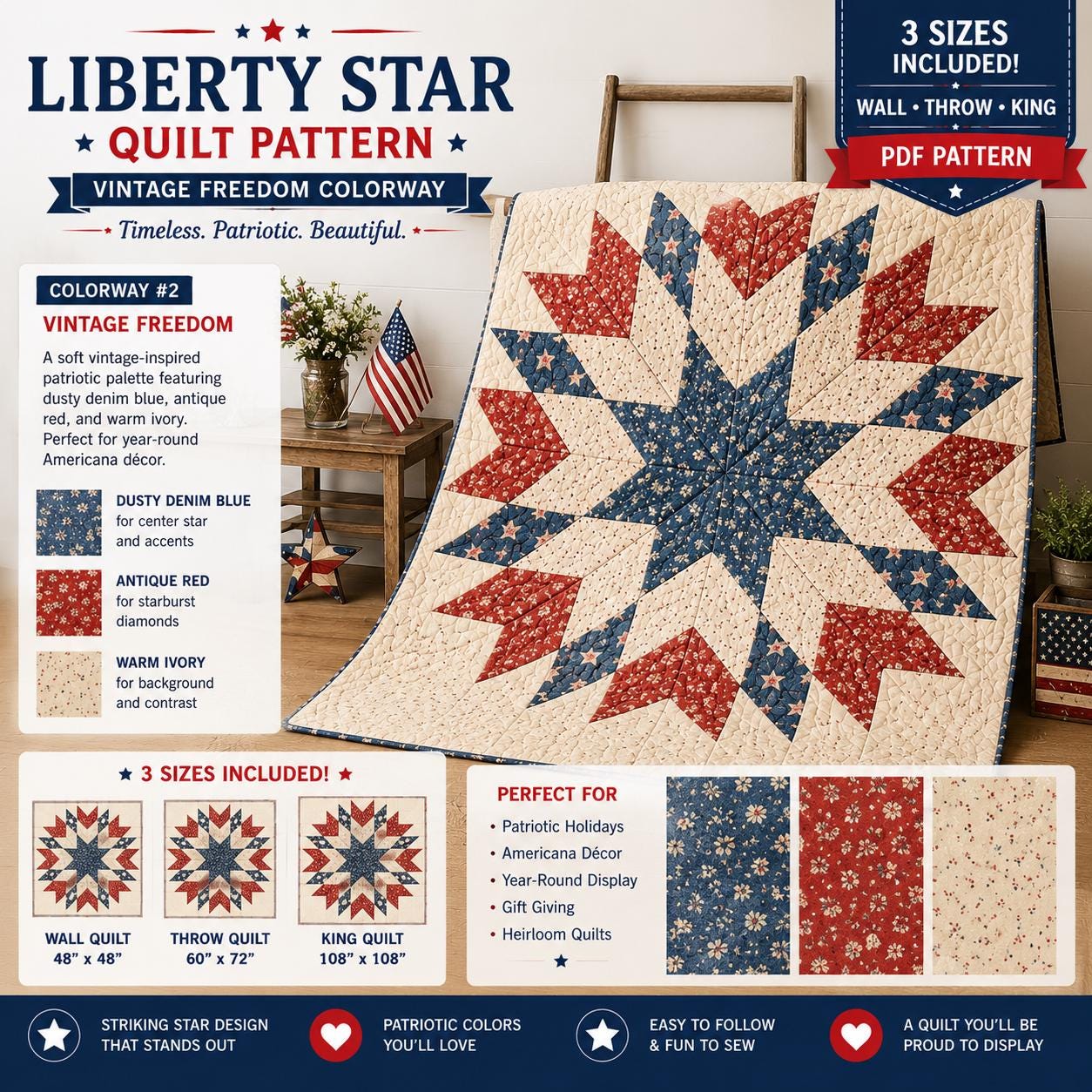 Floral Liberty Star Quilt Pattern – Patriotic Starburst Design - 3 sizes - 4 Colorways (PDF Pattern) - Image 8