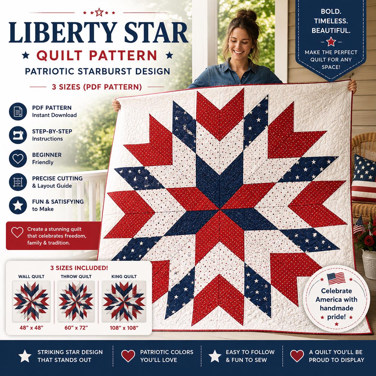 Floral Liberty Star Quilt Pattern – Patriotic Starburst Design - 3 sizes - 4 Colorways (PDF Pattern) - Image 9