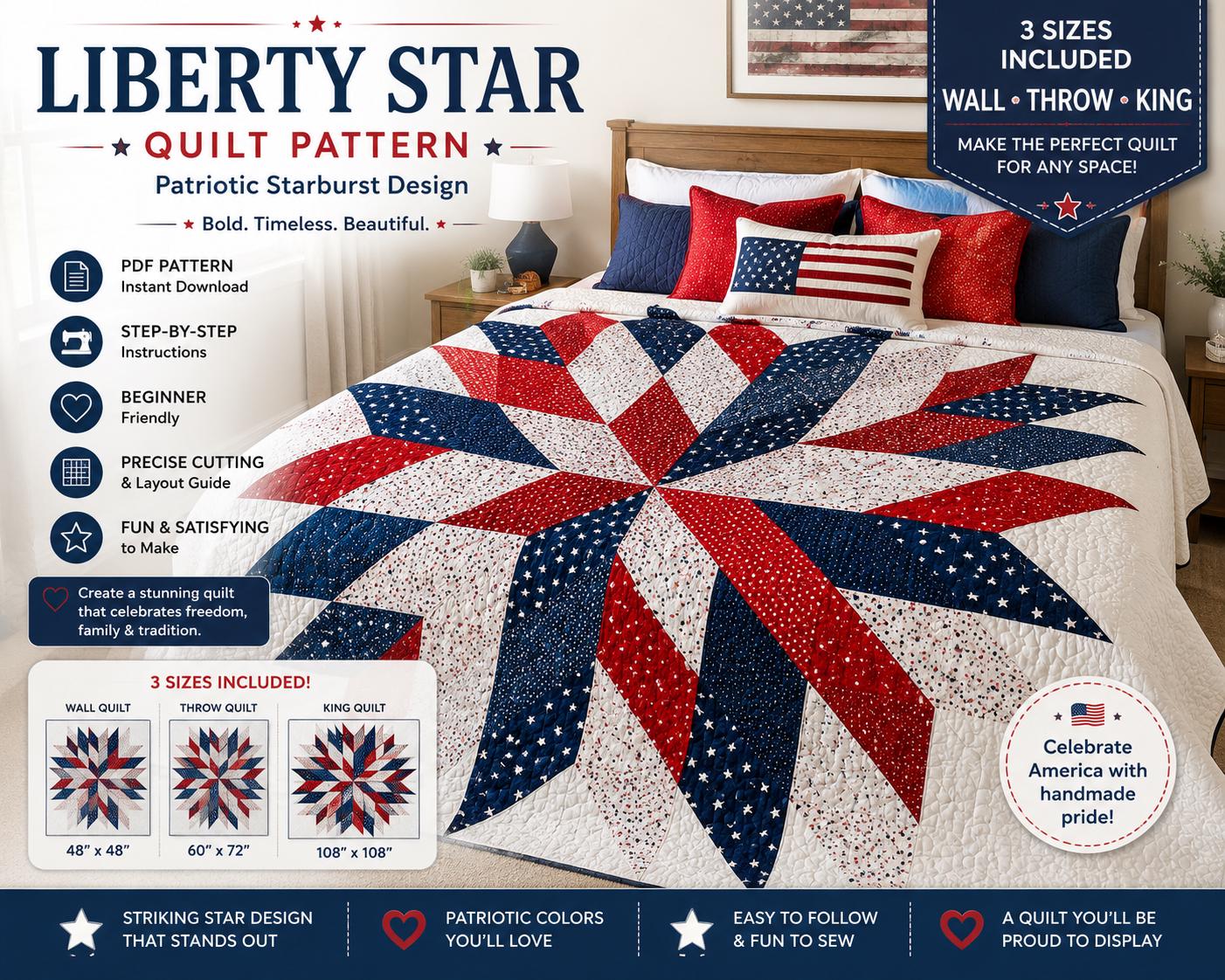 Floral Liberty Star Quilt Pattern – Patriotic Starburst Design - 3 sizes - 4 Colorways (PDF Pattern) - Image 15