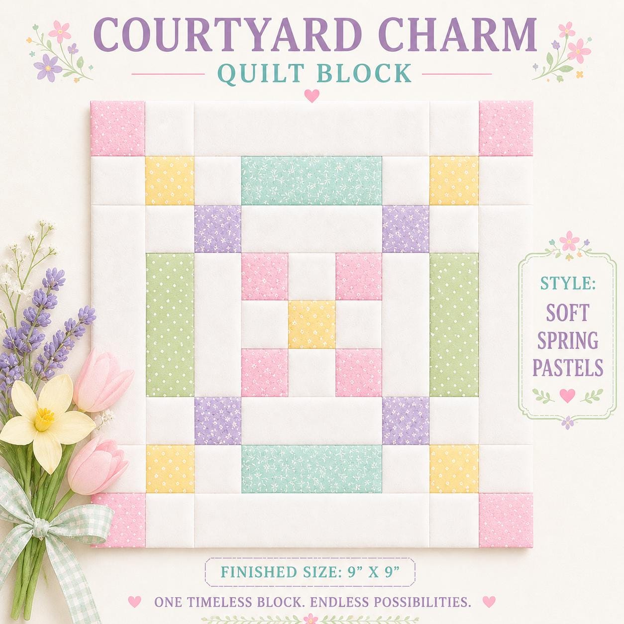Courtyard Charm Quilt Block Pattern | 9" Patchwork Beginner Friendly PDF (Instant Download) - Image 5