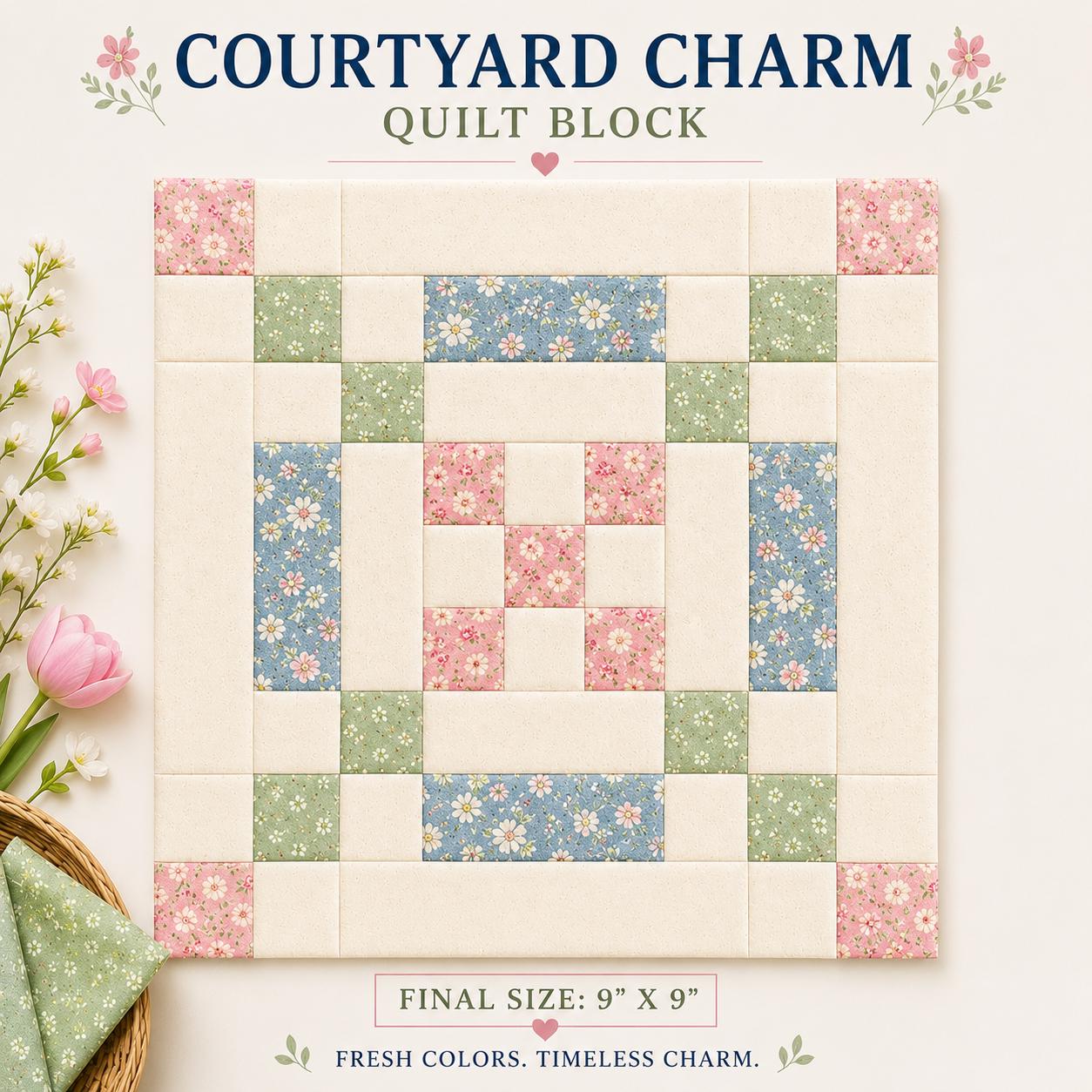 Courtyard Charm Quilt Block Pattern | 9" Patchwork Beginner Friendly PDF (Instant Download) - Image 17