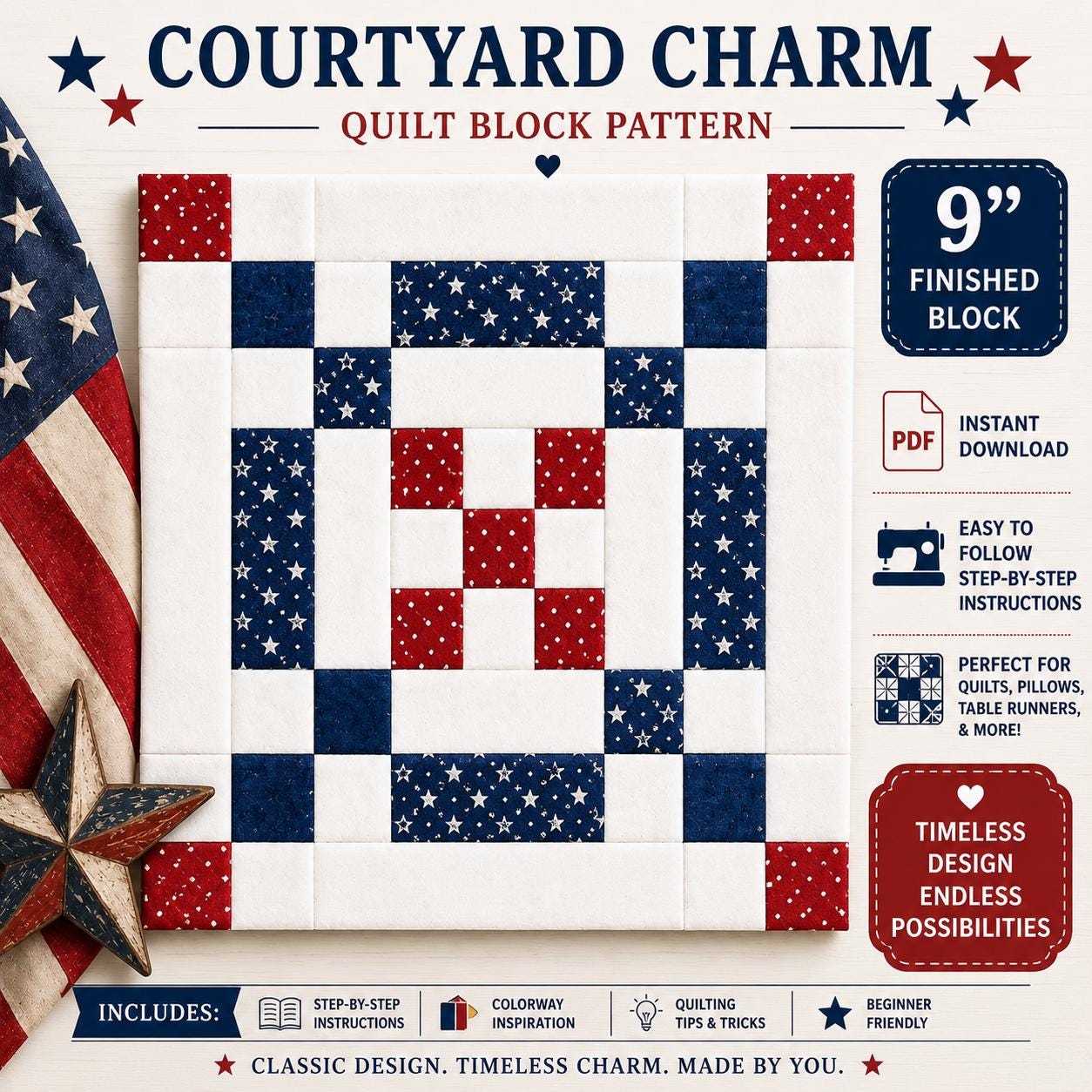 Courtyard Charm Quilt Block Pattern | 9" Patchwork Beginner Friendly PDF (Instant Download) - Image 19