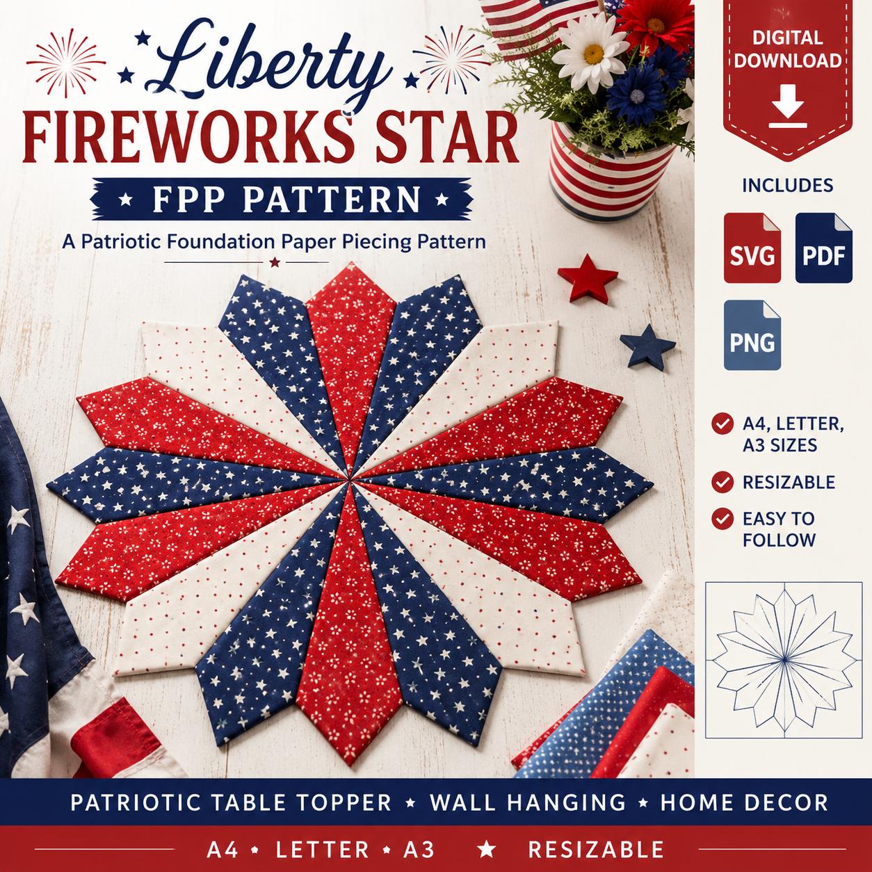 Liberty Fireworks Star FPP Pattern SVG, Patriotic Foundation Paper Piecing Pattern, 4th of July Table Topper, Resizable Star Quilt Block - Image 3