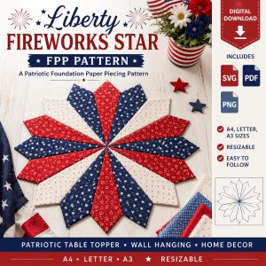 Liberty Fireworks Star FPP Pattern SVG, Patriotic Foundation Paper Piecing Pattern, 4th of July Table Topper, Resizable Star Quilt Block