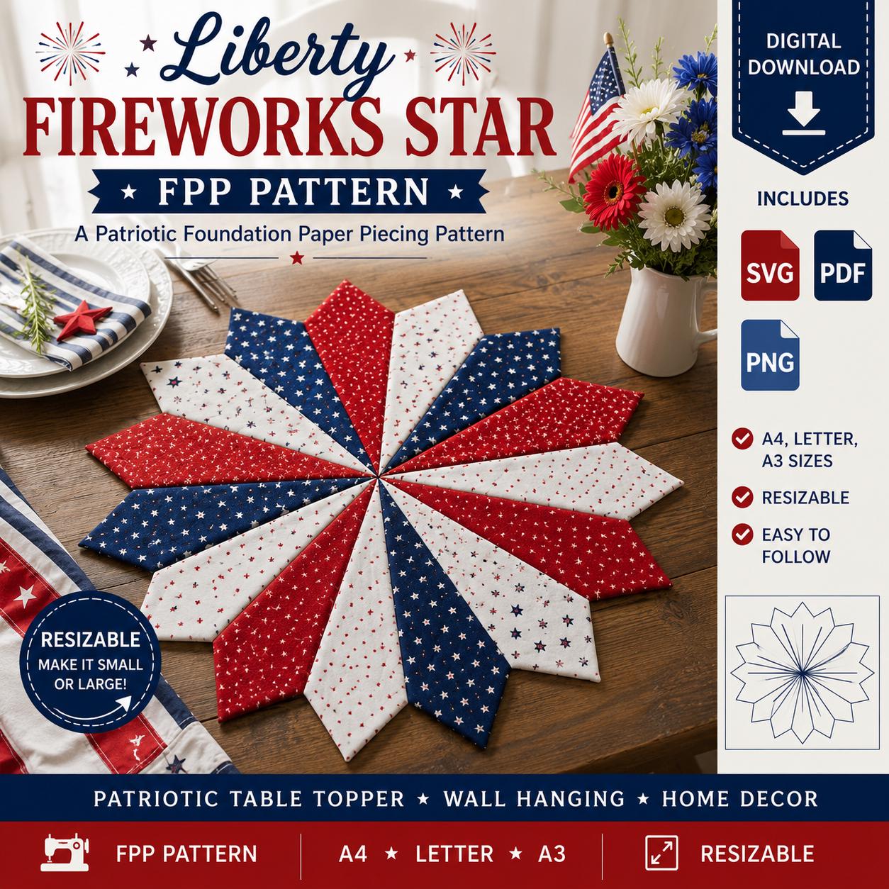 Liberty Fireworks Star FPP Pattern SVG, Patriotic Foundation Paper Piecing Pattern, 4th of July Table Topper, Resizable Star Quilt Block - Image 2