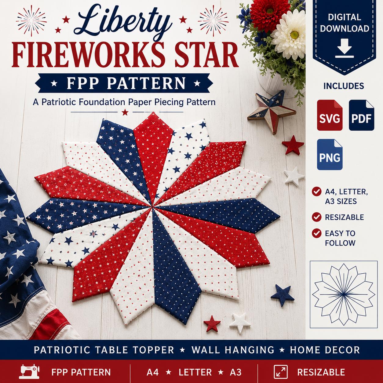 Liberty Fireworks Star FPP Pattern SVG, Patriotic Foundation Paper Piecing Pattern, 4th of July Table Topper, Resizable Star Quilt Block - Image 5