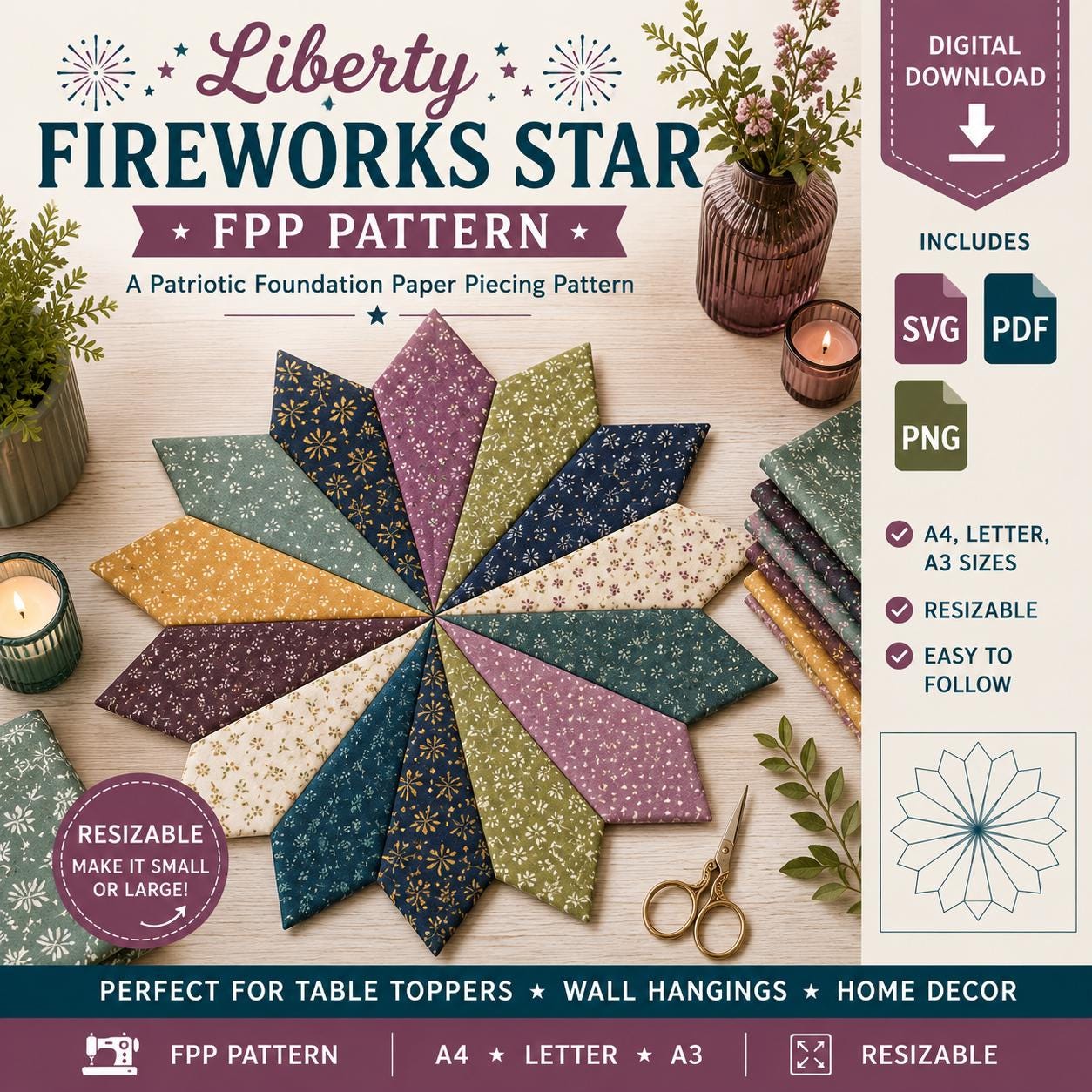 Liberty Fireworks Star FPP Pattern SVG, Patriotic Foundation Paper Piecing Pattern, 4th of July Table Topper, Resizable Star Quilt Block - Image 10