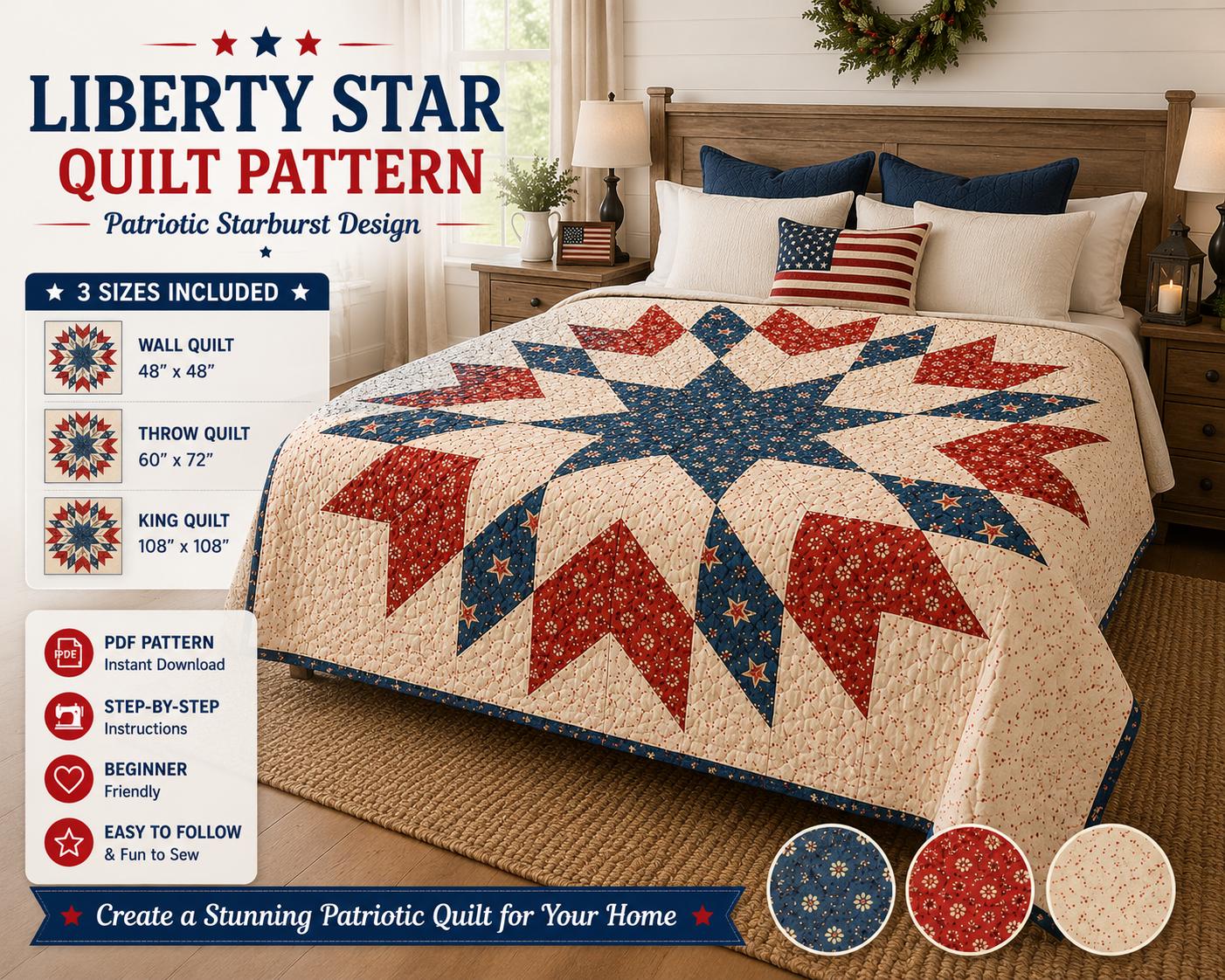 Floral Liberty Star Quilt Pattern – Patriotic Starburst Design - 3 sizes - 4 Colorways (PDF Pattern) - Image 6