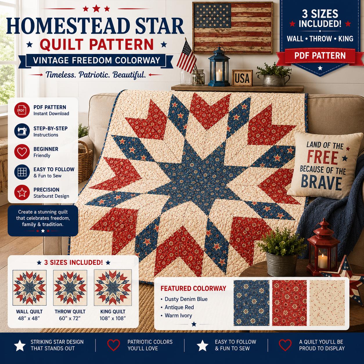 Floral Liberty Star Quilt Pattern – Patriotic Starburst Design - 3 sizes - 4 Colorways (PDF Pattern) - Image 4