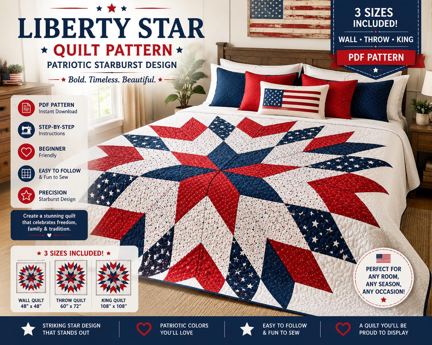 Floral Liberty Star Quilt Pattern – Patriotic Starburst Design - 3 sizes - 4 Colorways (PDF Pattern) - Image 11
