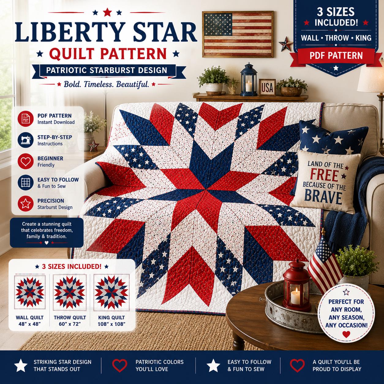 Floral Liberty Star Quilt Pattern – Patriotic Starburst Design - 3 sizes - 4 Colorways (PDF Pattern) - Image 10