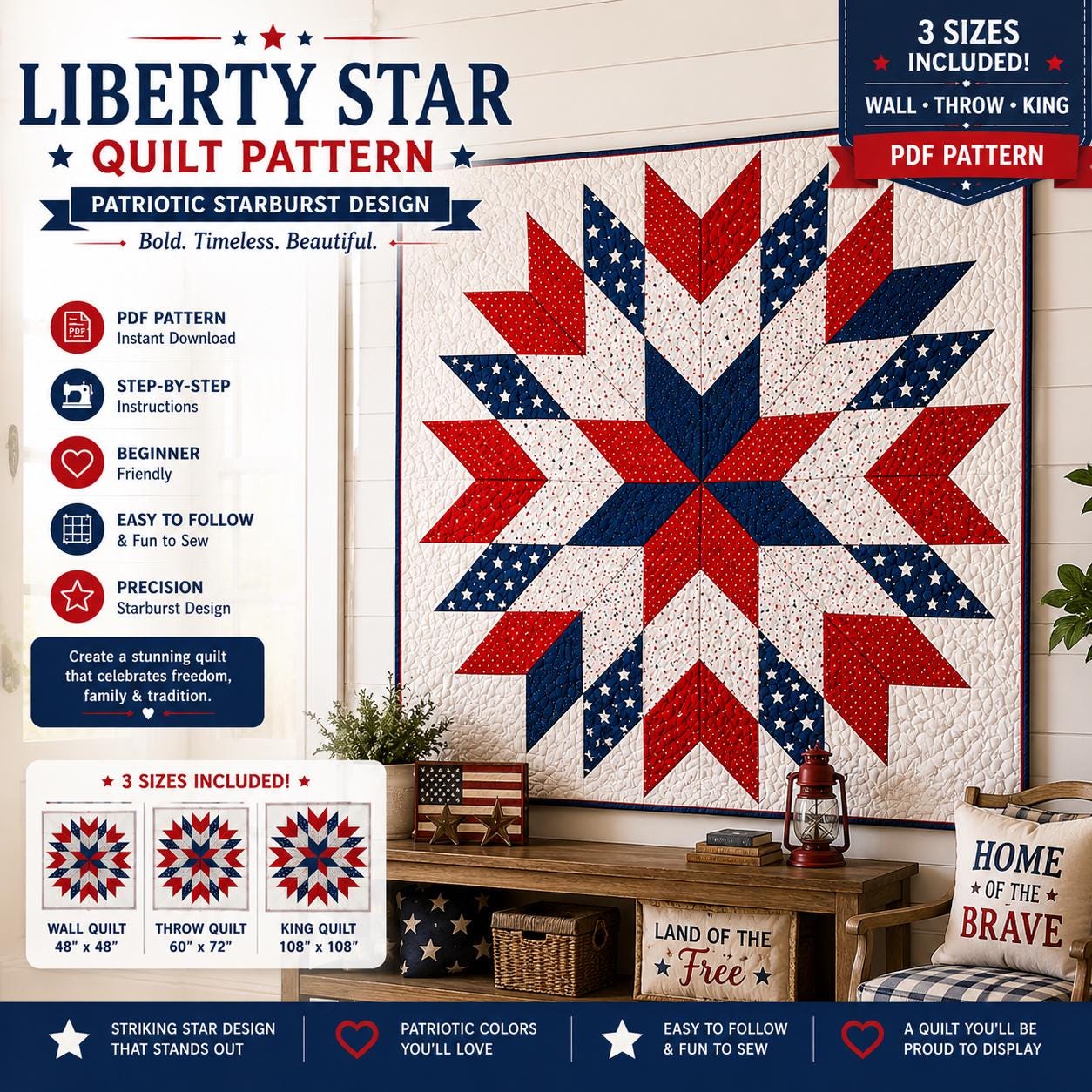 Floral Liberty Star Quilt Pattern – Patriotic Starburst Design - 3 sizes - 4 Colorways (PDF Pattern) - Image 13