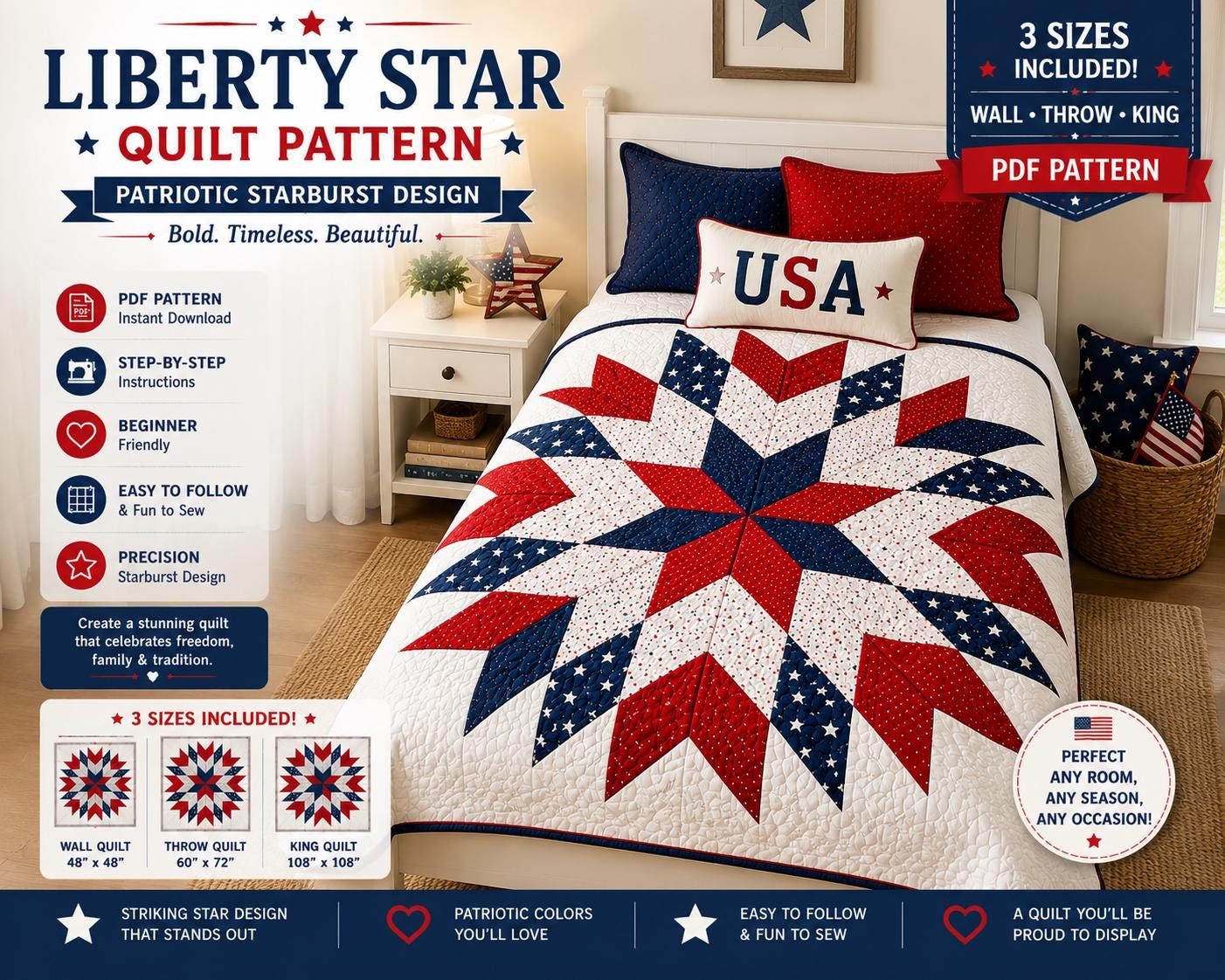 Floral Liberty Star Quilt Pattern – Patriotic Starburst Design - 3 sizes - 4 Colorways (PDF Pattern) - Image 14