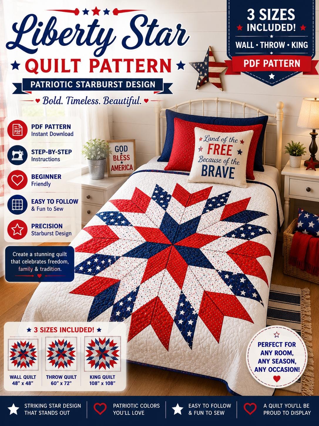 Floral Liberty Star Quilt Pattern – Patriotic Starburst Design - 3 sizes - 4 Colorways (PDF Pattern) - Image 16