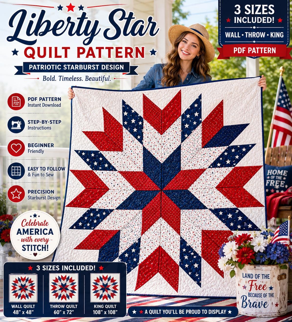 Floral Liberty Star Quilt Pattern – Patriotic Starburst Design - 3 sizes - 4 Colorways (PDF Pattern) - Image 17