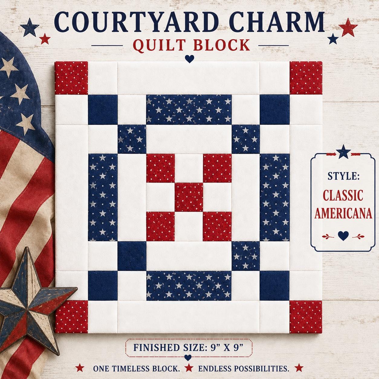 Courtyard Charm Quilt Block Pattern | 9" Patchwork Beginner Friendly PDF (Instant Download) - Image 9