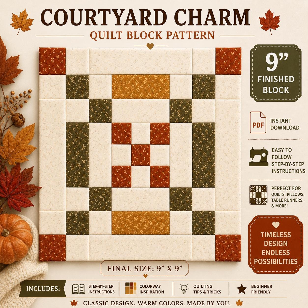 Courtyard Charm Quilt Block Pattern | 9" Patchwork Beginner Friendly PDF (Instant Download) - Image 2